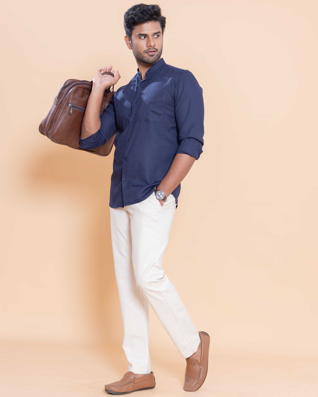 Nativebull Men Solid Full Sleeve Linen Blend Shirt - Navy Blue