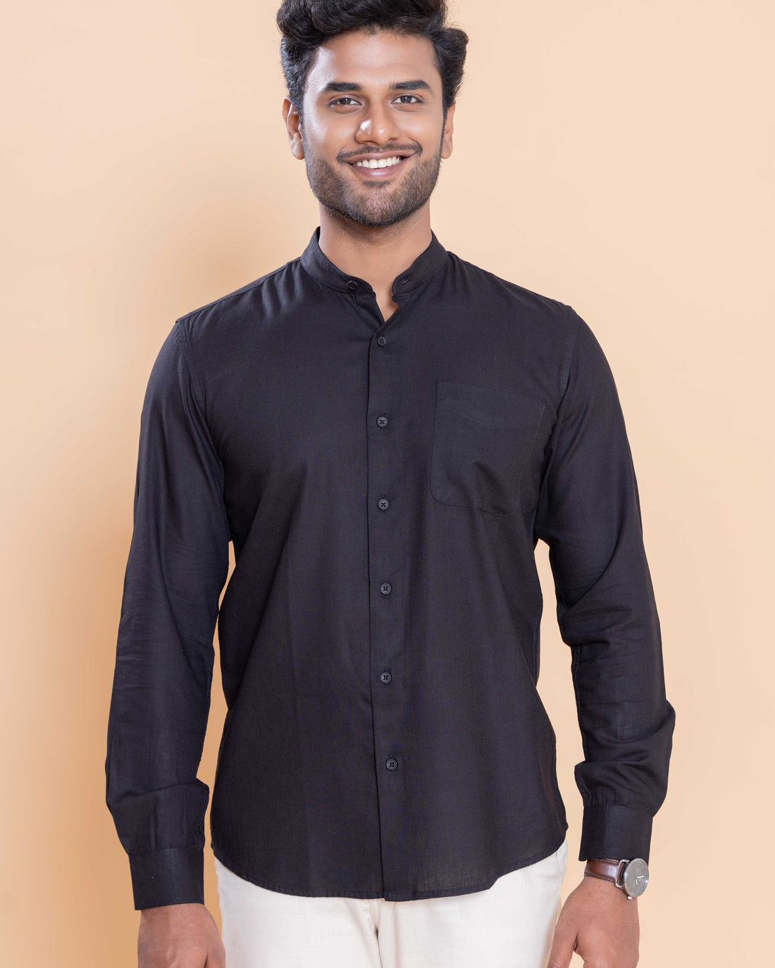 Nativebull Men Solid Full Sleeve Linen Blend Shirt - Black