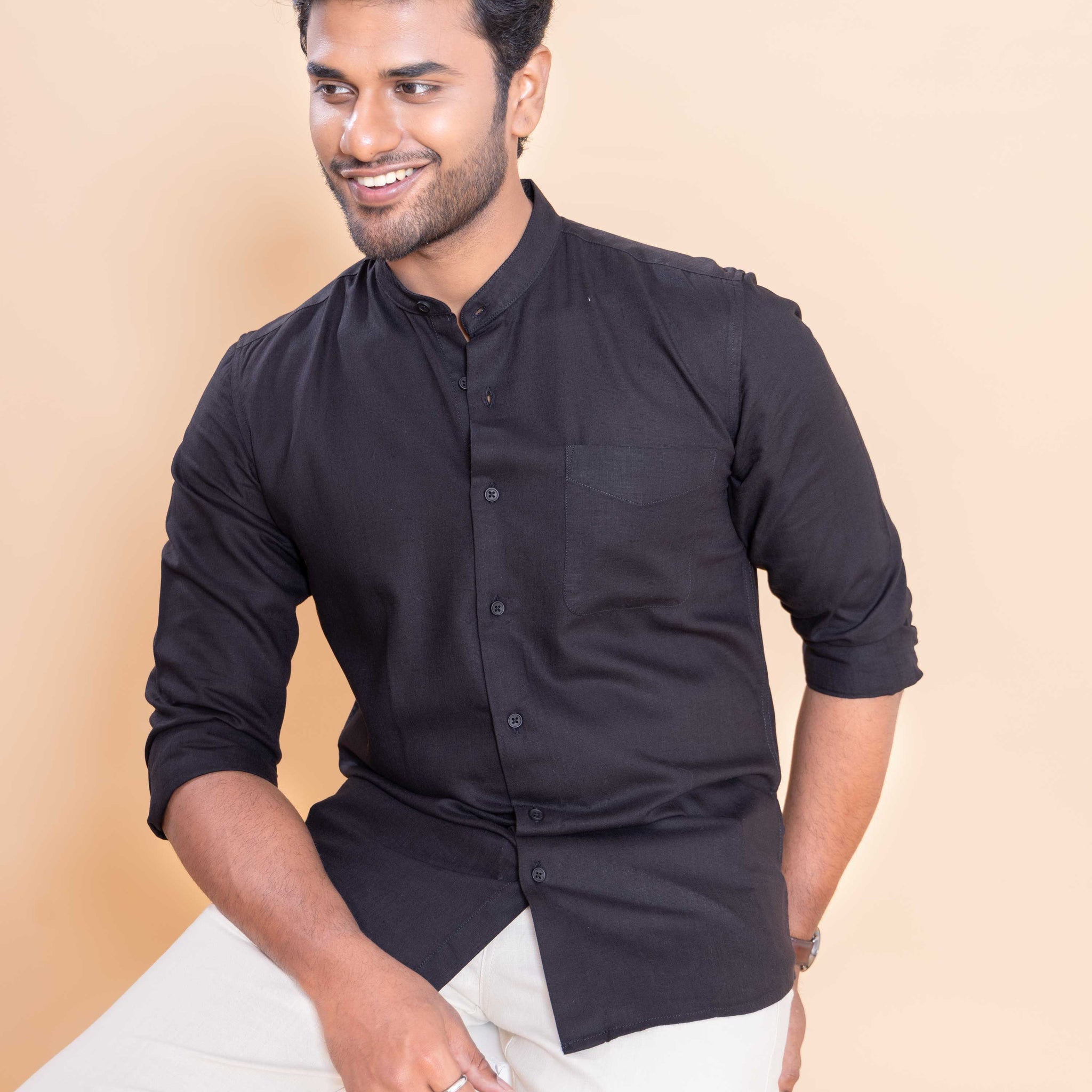 Nativebull Men Solid Full Sleeve Linen Blend Shirt - Black