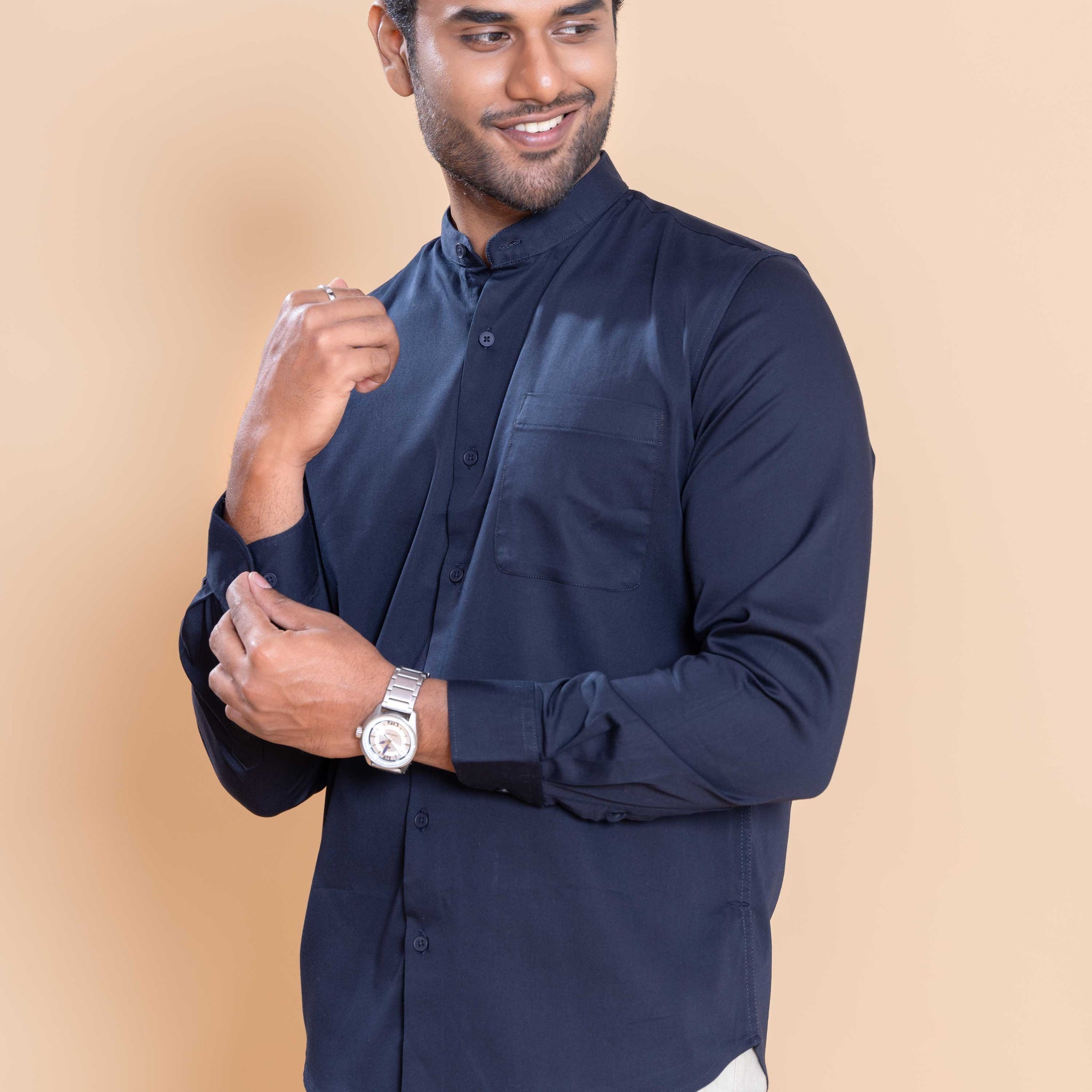 Nativebull Men Solid Full Sleeve Cotton Blend Shirt - Navy Blue