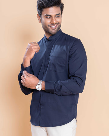 Nativebull Men Solid Full Sleeve Cotton Blend Shirt - Navy Blue