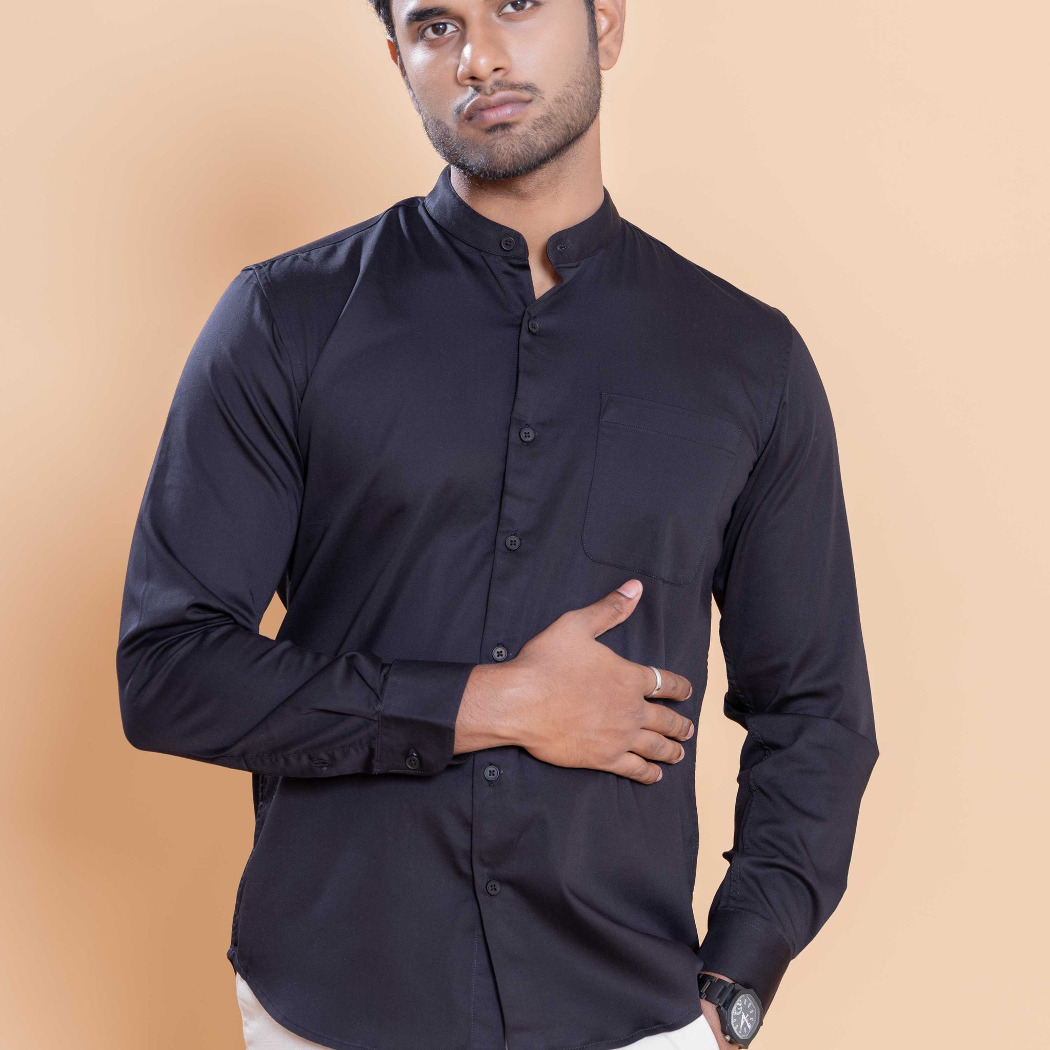 Nativebull Men Solid Full Sleeve Cotton Blend Shirt - Black
