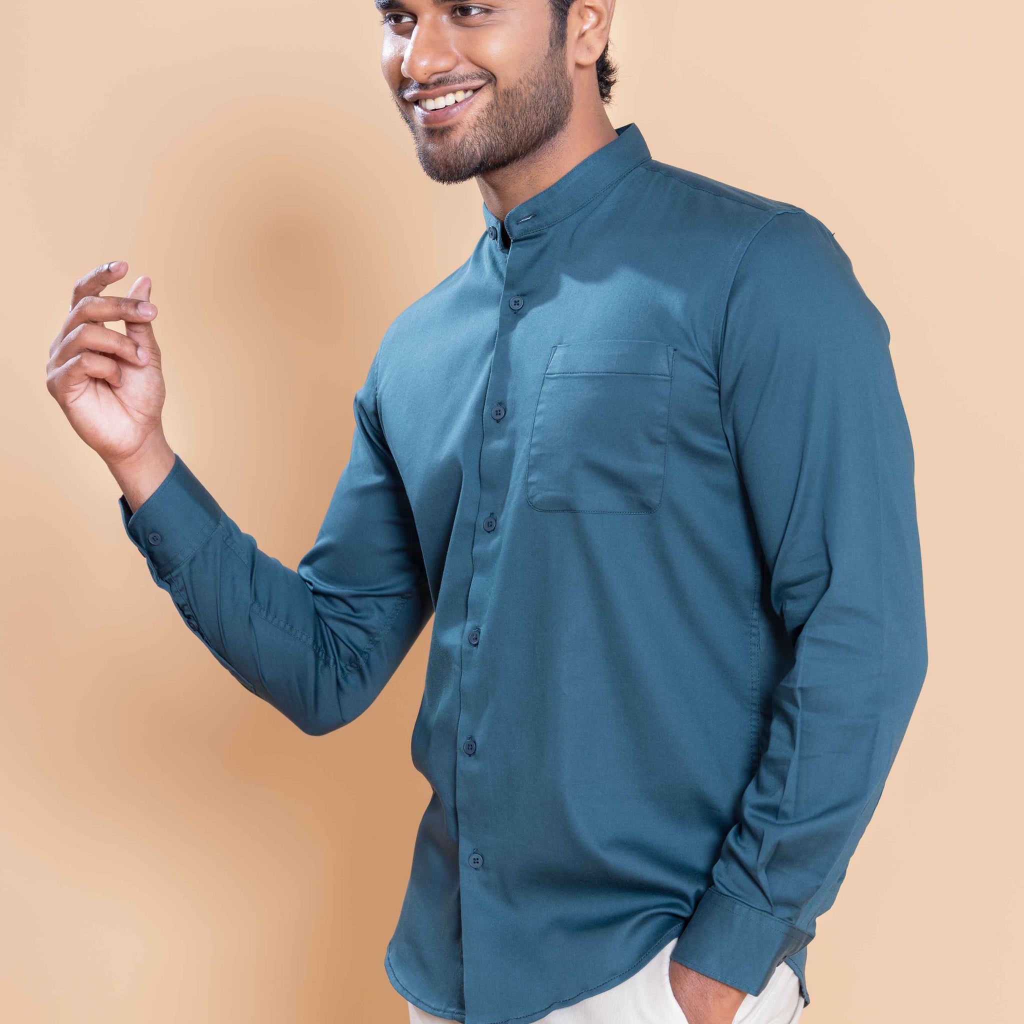Nativebull Men Solid Full Sleeve Cotton Blend Shirt - Teal
