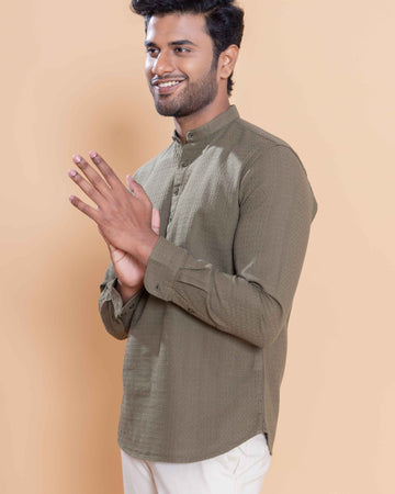 Nativebull Men Textured Full Sleeve Cotton Shirt - Olive Green