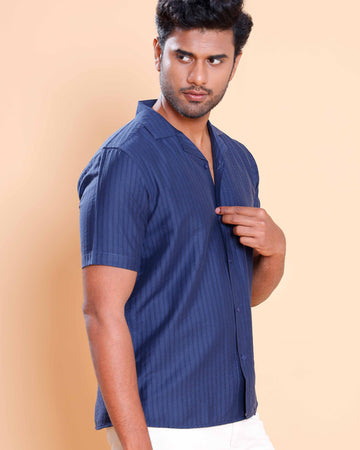 Nativebull Men Textured Half Sleeve Cotton Blend Shirt - Navy Blue