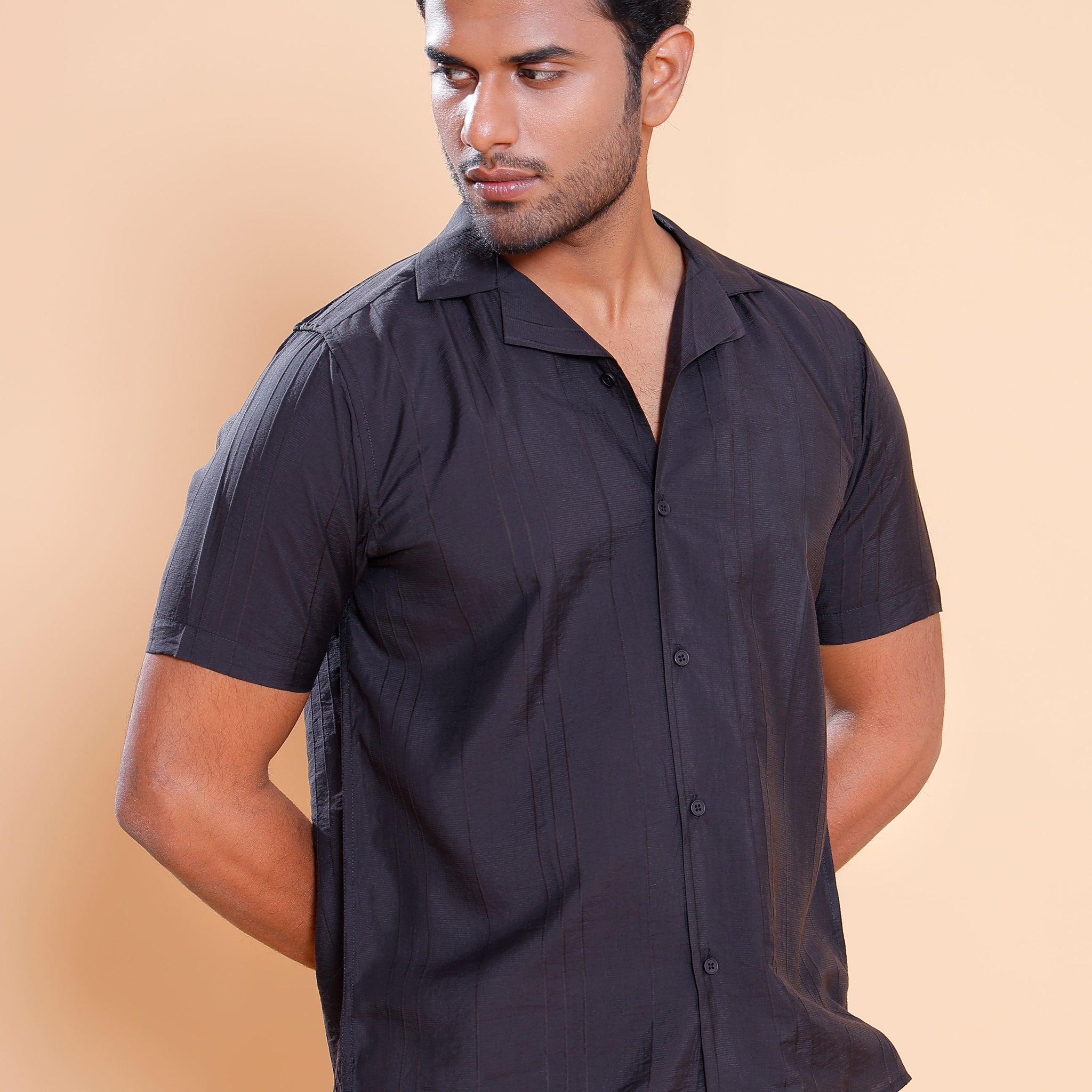 Nativebull Men Textured Half Sleeve Cotton Blend Shirt - Black