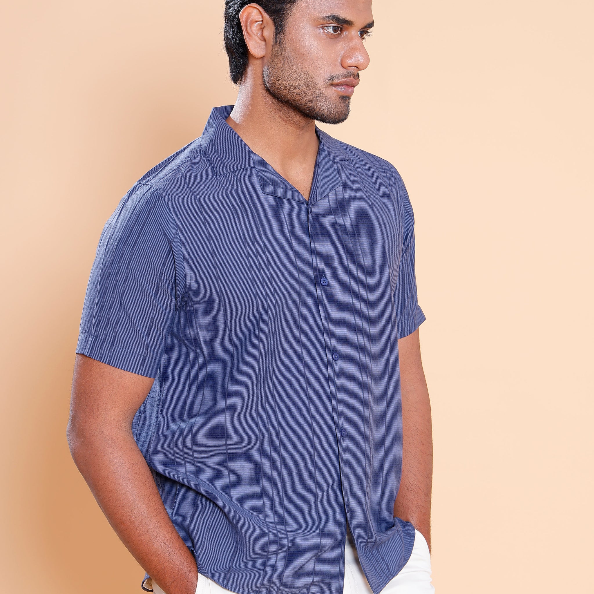 Nativebull Men Textured Half Sleeve Cotton Blend Shirt - Blue