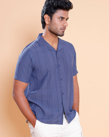 Nativebull Men Textured Half Sleeve Cotton Blend Shirt - Blue