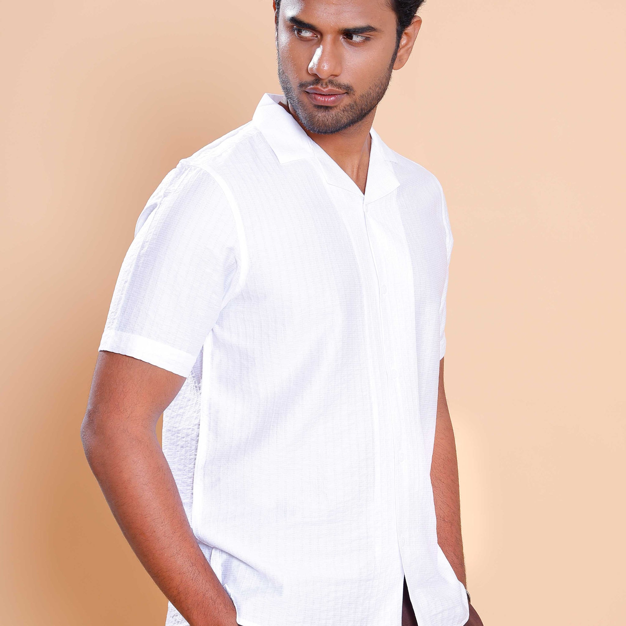 Nativebull Men Textured Half Sleeve Cotton Blend Shirt - White