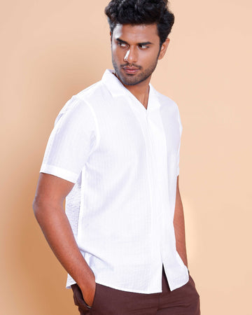 Nativebull Men Textured Half Sleeve Cotton Blend Shirt - White
