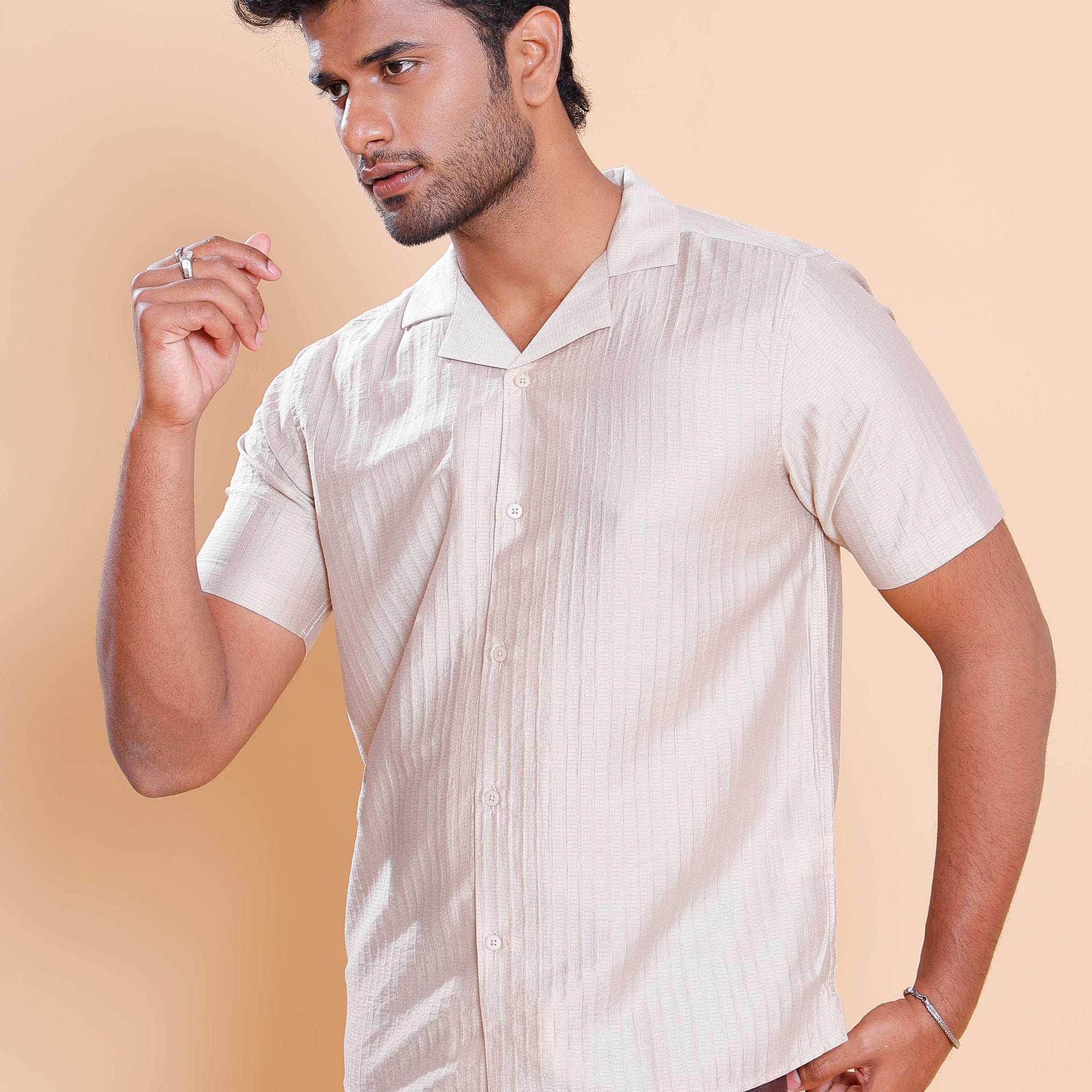 Nativebull Men Textured Half Sleeve Cotton Blend Shirt - Beige