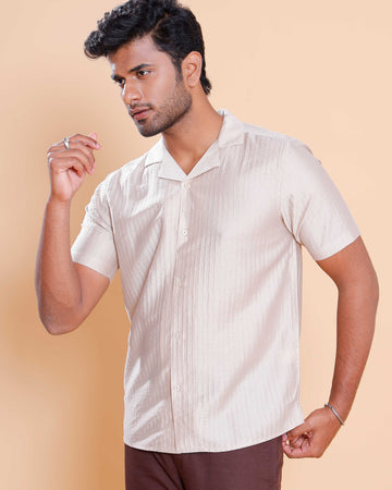 Nativebull Men Textured Half Sleeve Cotton Blend Shirt - Beige