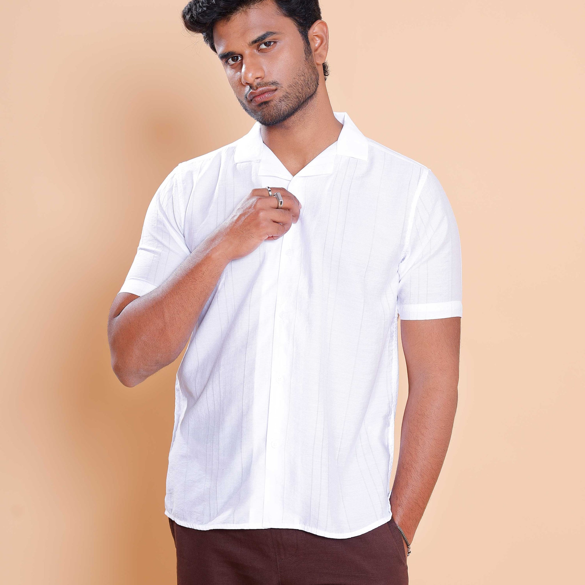 Nativebull Men Textured Half Sleeve Cotton Blend Shirt - White