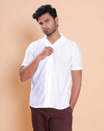 Nativebull Men Textured Half Sleeve Cotton Blend Shirt - White