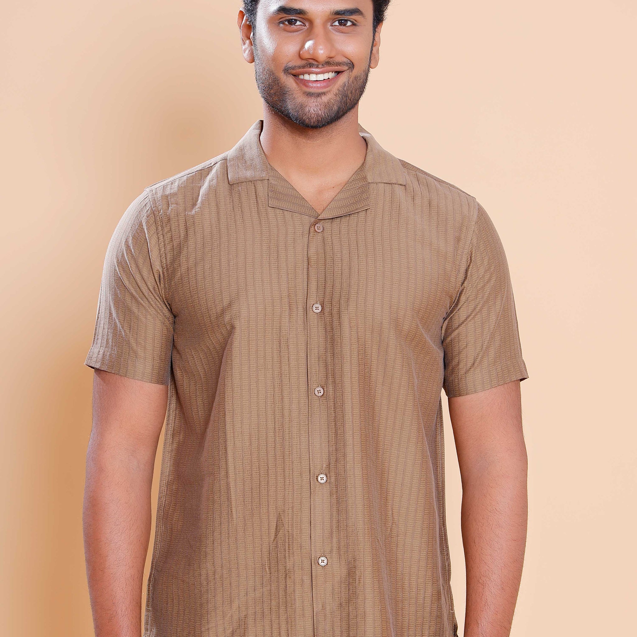 Nativebull Men Textured Half Sleeve Cotton Blend Shirt - Brown