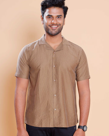 Nativebull Men Textured Half Sleeve Cotton Blend Shirt - Brown