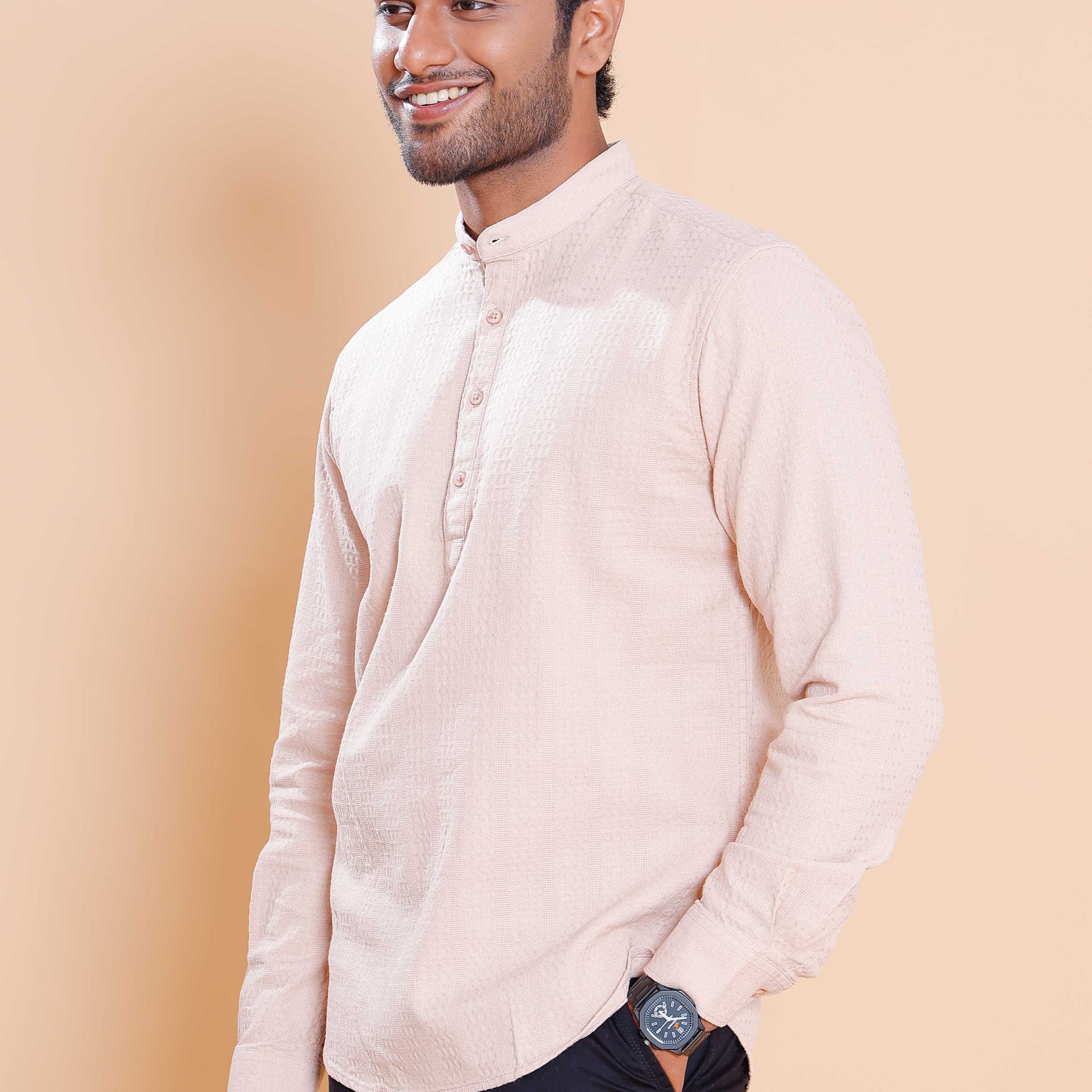 Nativebull Men Textured Full Sleeve Cotton Shirt - Peach