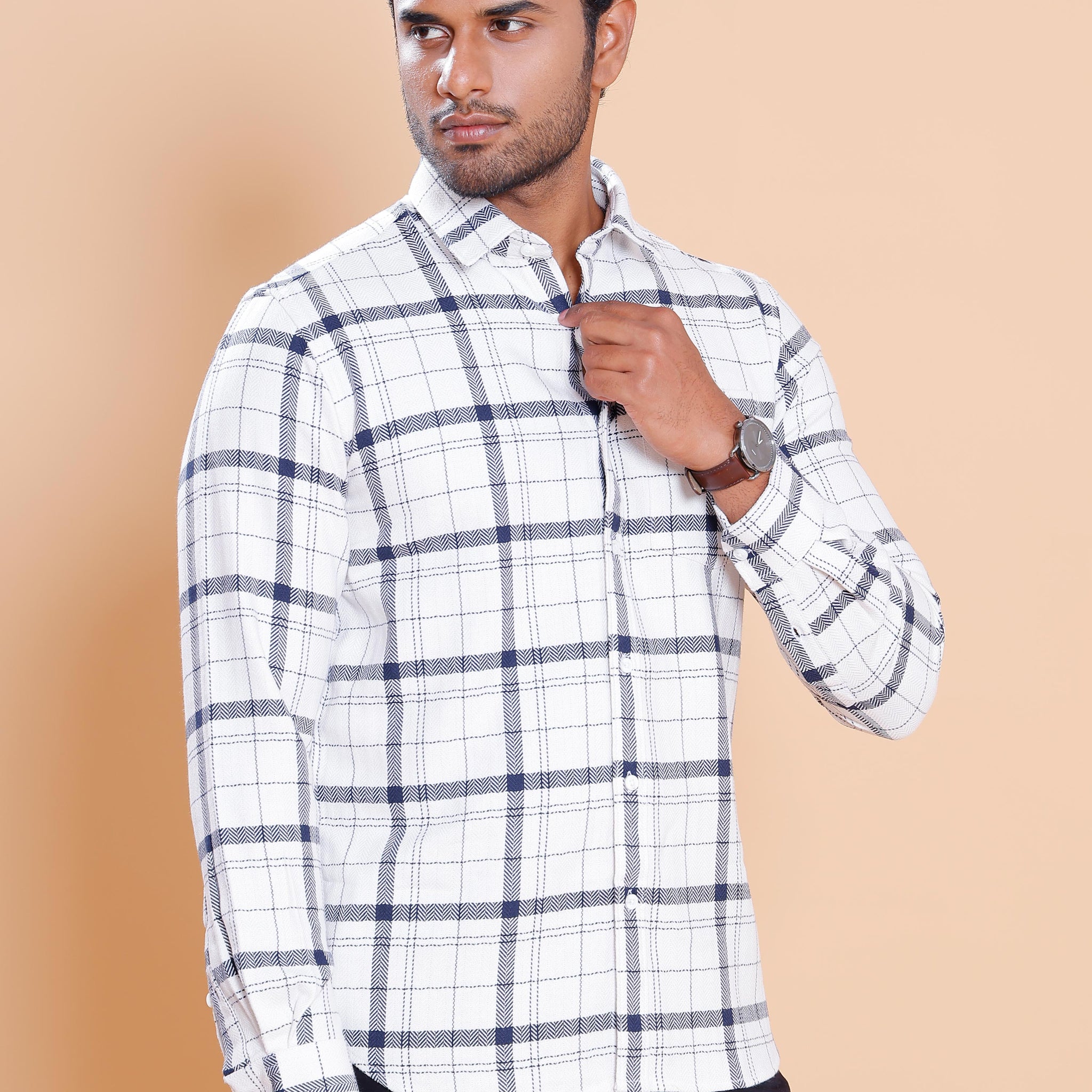 Nativebull Men Checked Full Sleeve Cotton Shirt - White