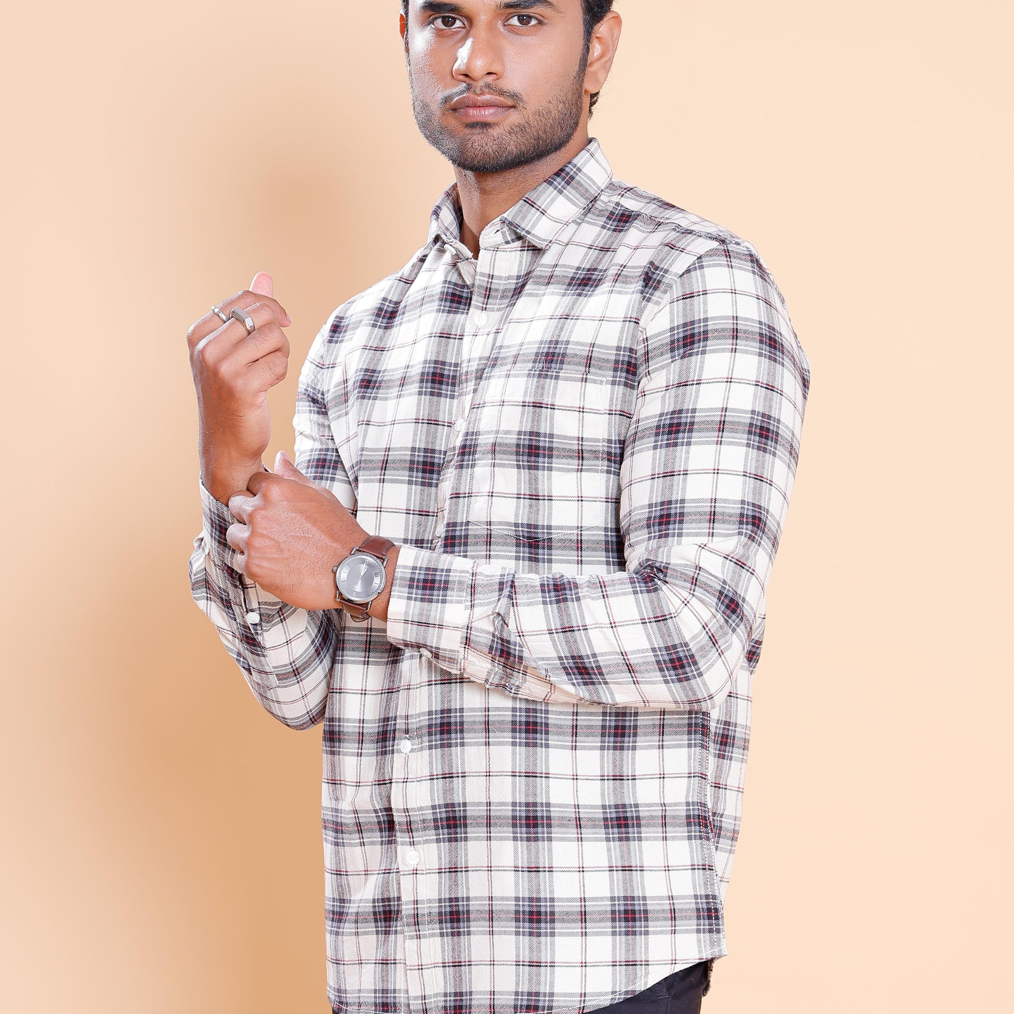 Nativebull Men Checked Full Sleeve Cotton Shirt - Beige