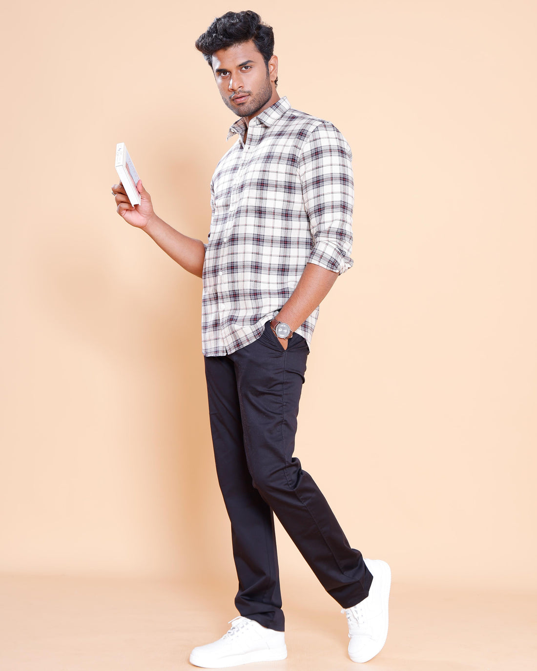 Nativebull Men Checked Full Sleeve Cotton Shirt - Beige