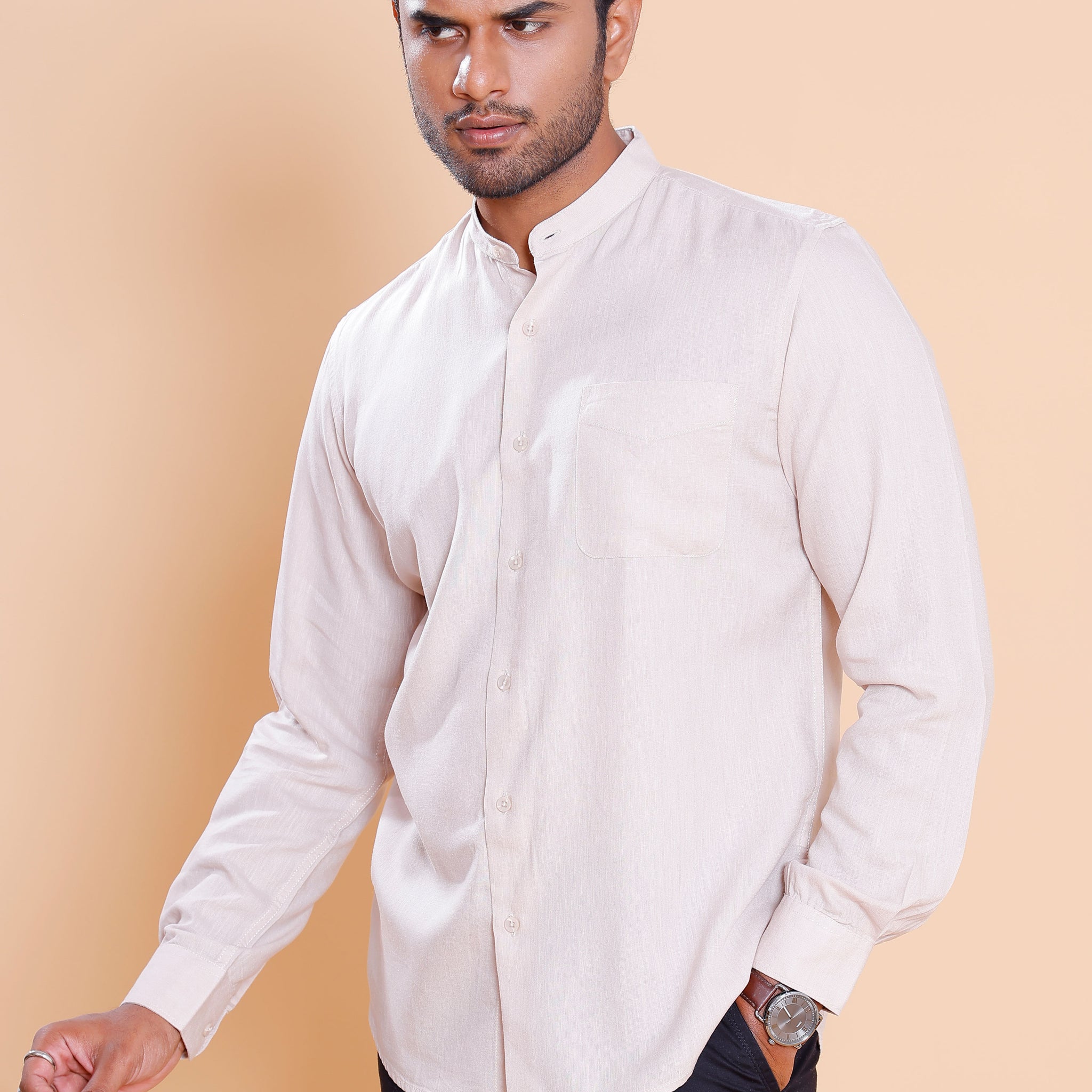 Nativebull Men Solid Full Sleeve Linen Blend Shirt - Peach