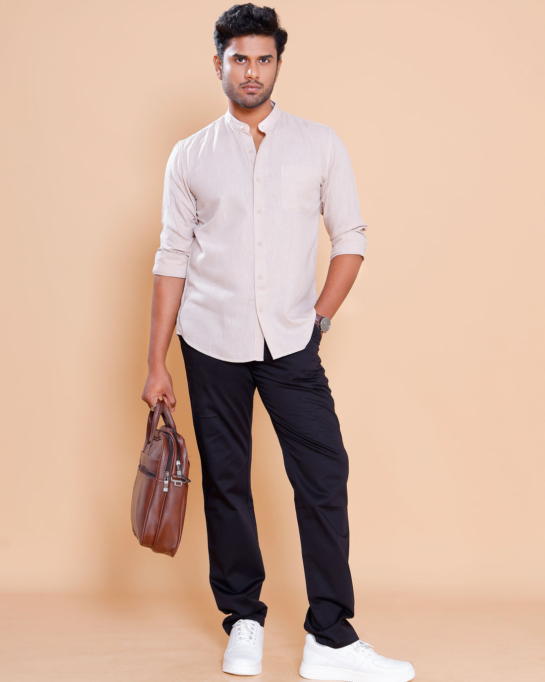 Nativebull Men Solid Full Sleeve Linen Blend Shirt - Peach