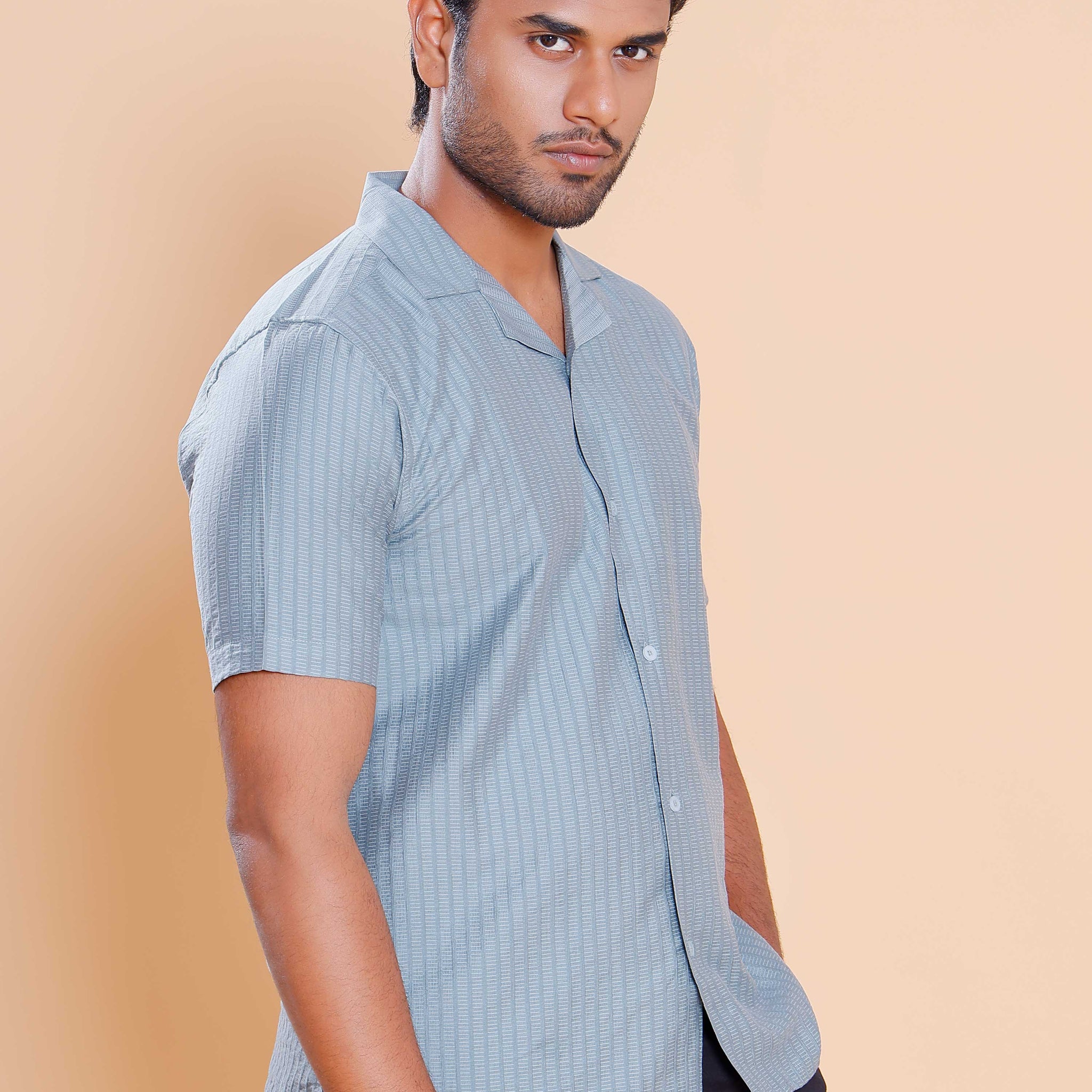 Nativebull Men Textured Half Sleeve Cotton Blend Shirt - Teal