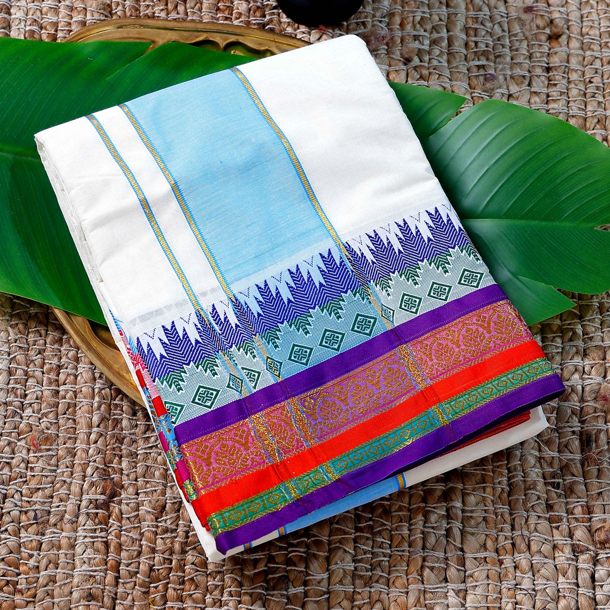 Men’s Cotton Dhoti with Multi Colour Border - White