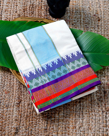 Men’s Cotton Dhoti with Blue Colour Border - White