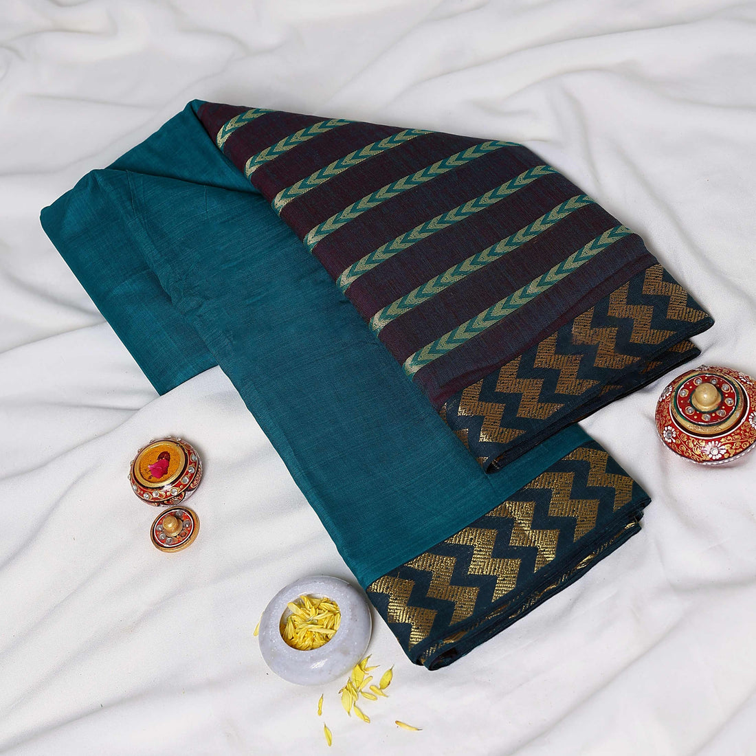 Teal Mangalagiri Cotton Saree with Gold Chevron Pattern Pallu & Traditional Zigzag Border - Full View