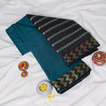 Teal Mangalagiri Cotton Saree With Gold Zari Woven Motifs And Contrasting Dark Teal Border