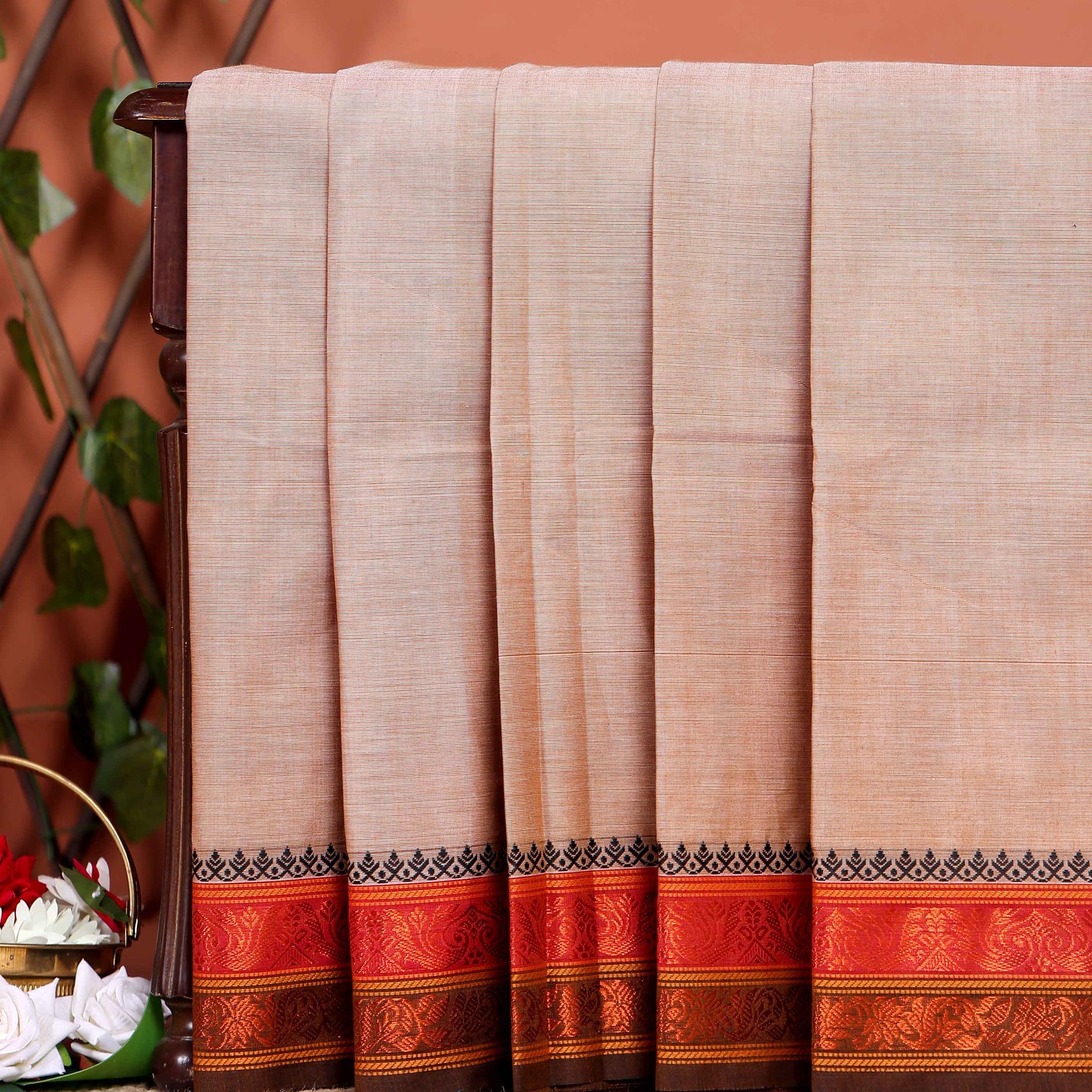 Elegant Chettinad Handloom Saree with Temple Border Design - Light Peach