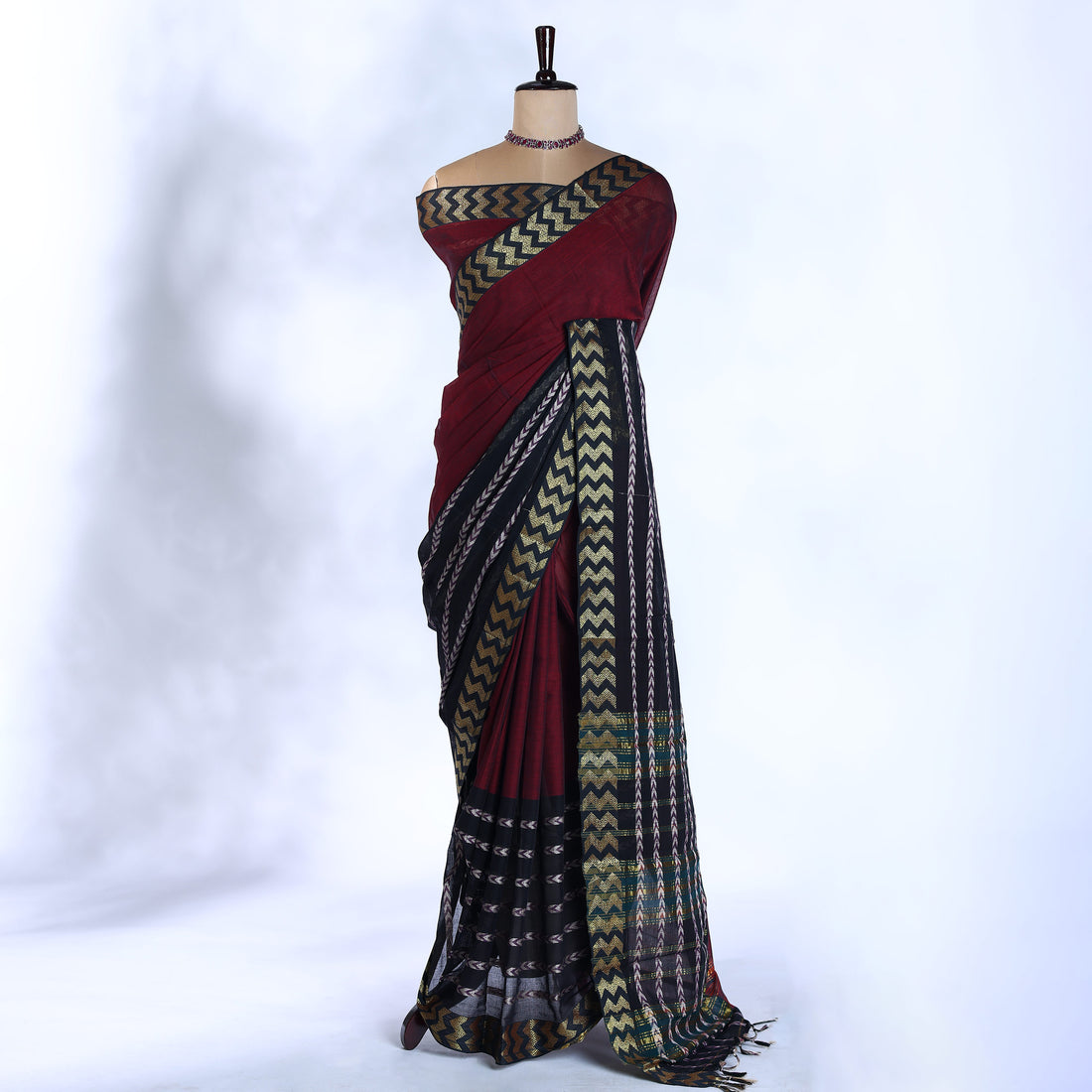 Dark Maroon Mangalagiri Cotton Saree with Gold Chevron Pattern Pallu & Traditional Zigzag Border - Full View