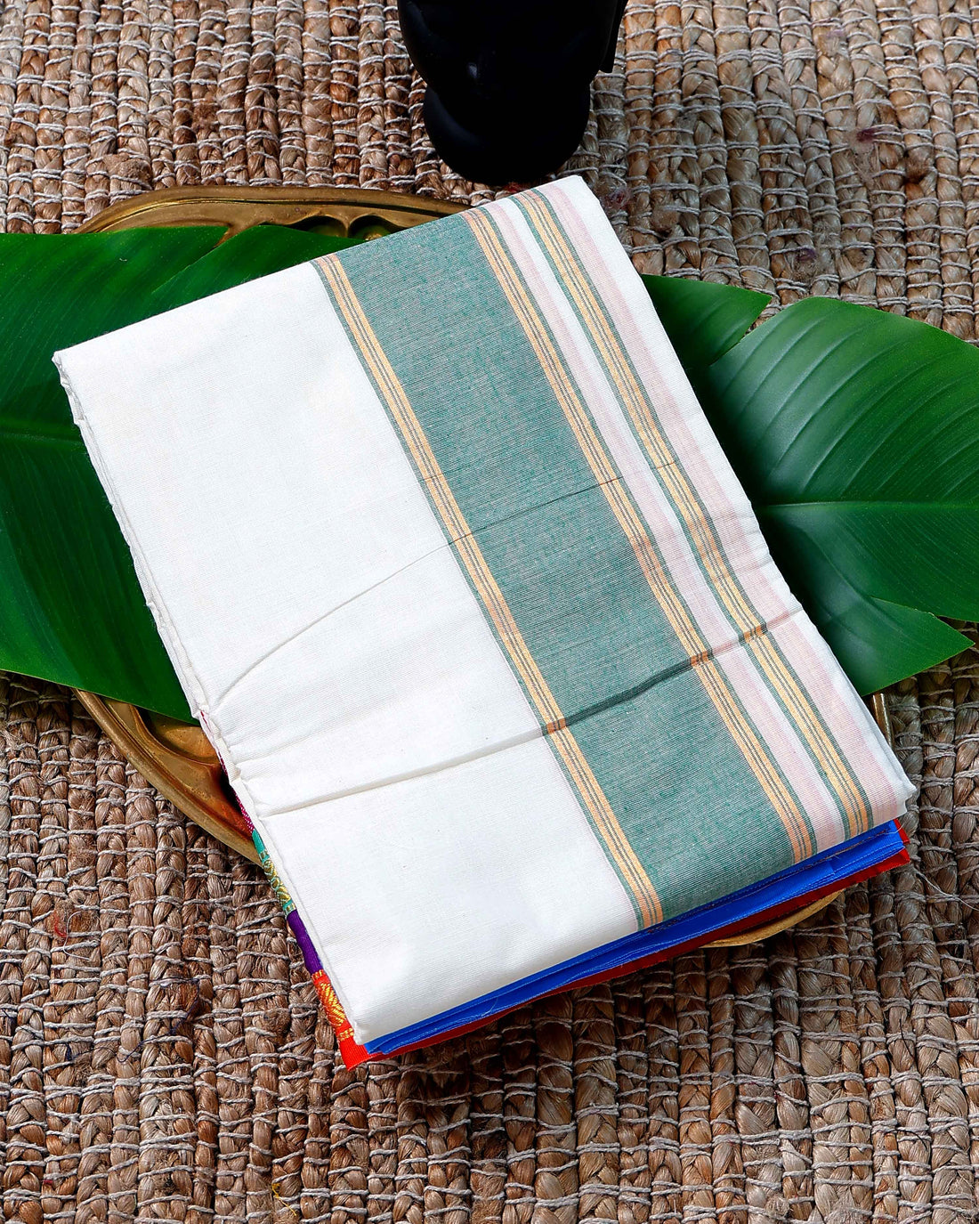 Men’s Cotton Dhoti with Multi Colour Border - White