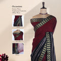 Dark Maroon Mangalagiri Cotton Saree With A Black Border Gold Zari Chevron Patterns And A Matching Woven Pallu