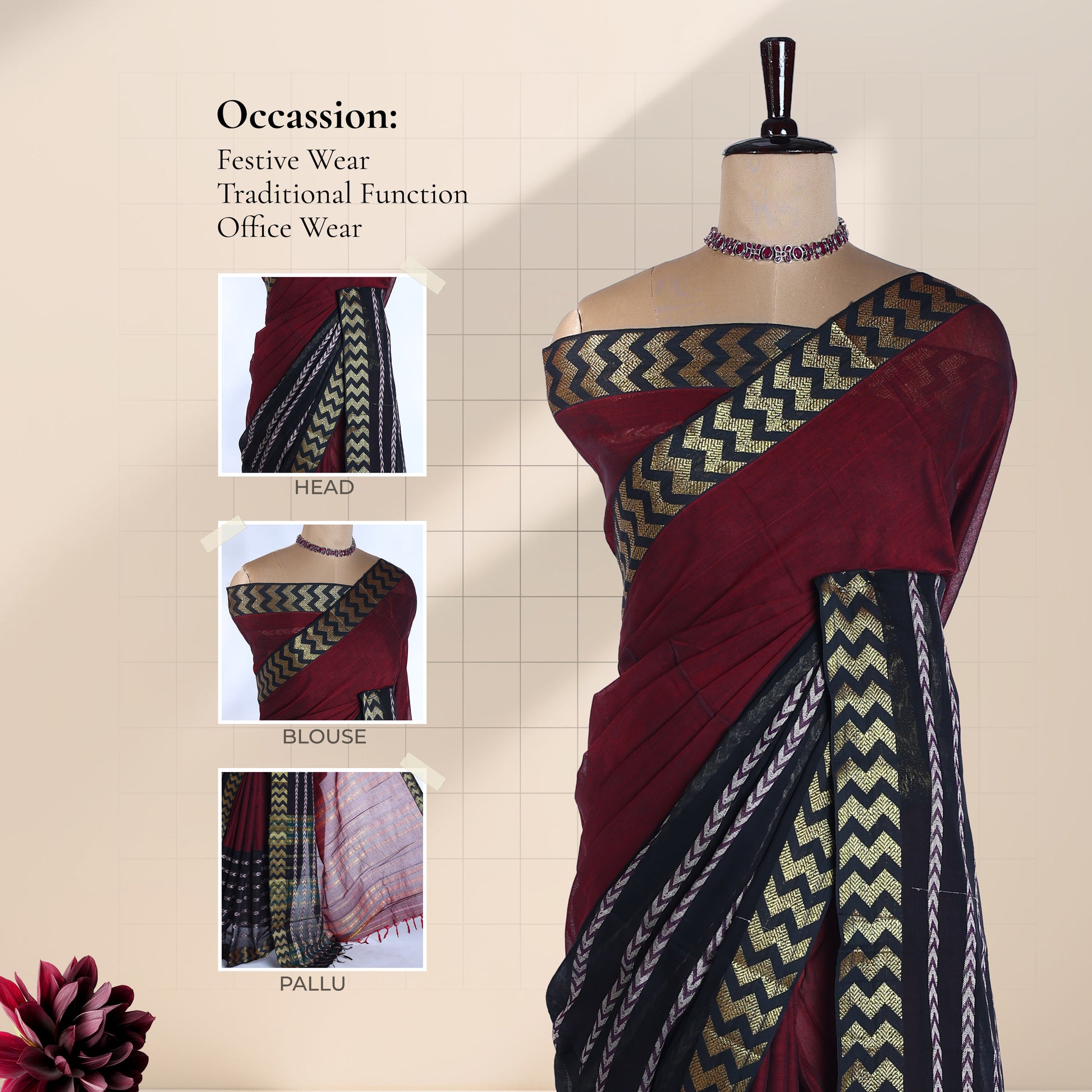 Dark Maroon Mangalagiri Cotton Saree With A Black Border Gold Zari Chevron Patterns And A Matching Woven Pallu
