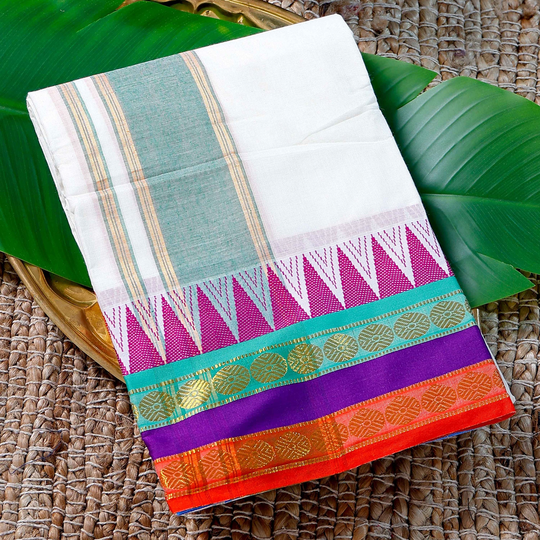 Men’s Cotton Dhoti with Multi Colour Border - White