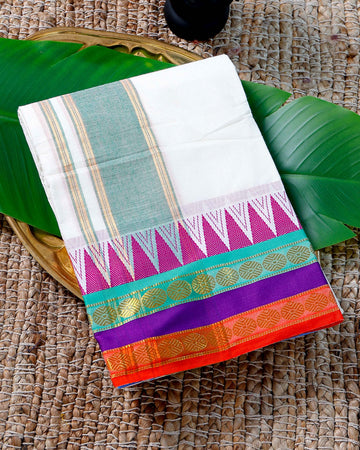Men’s Cotton Dhoti with Multi Colour Border - White
