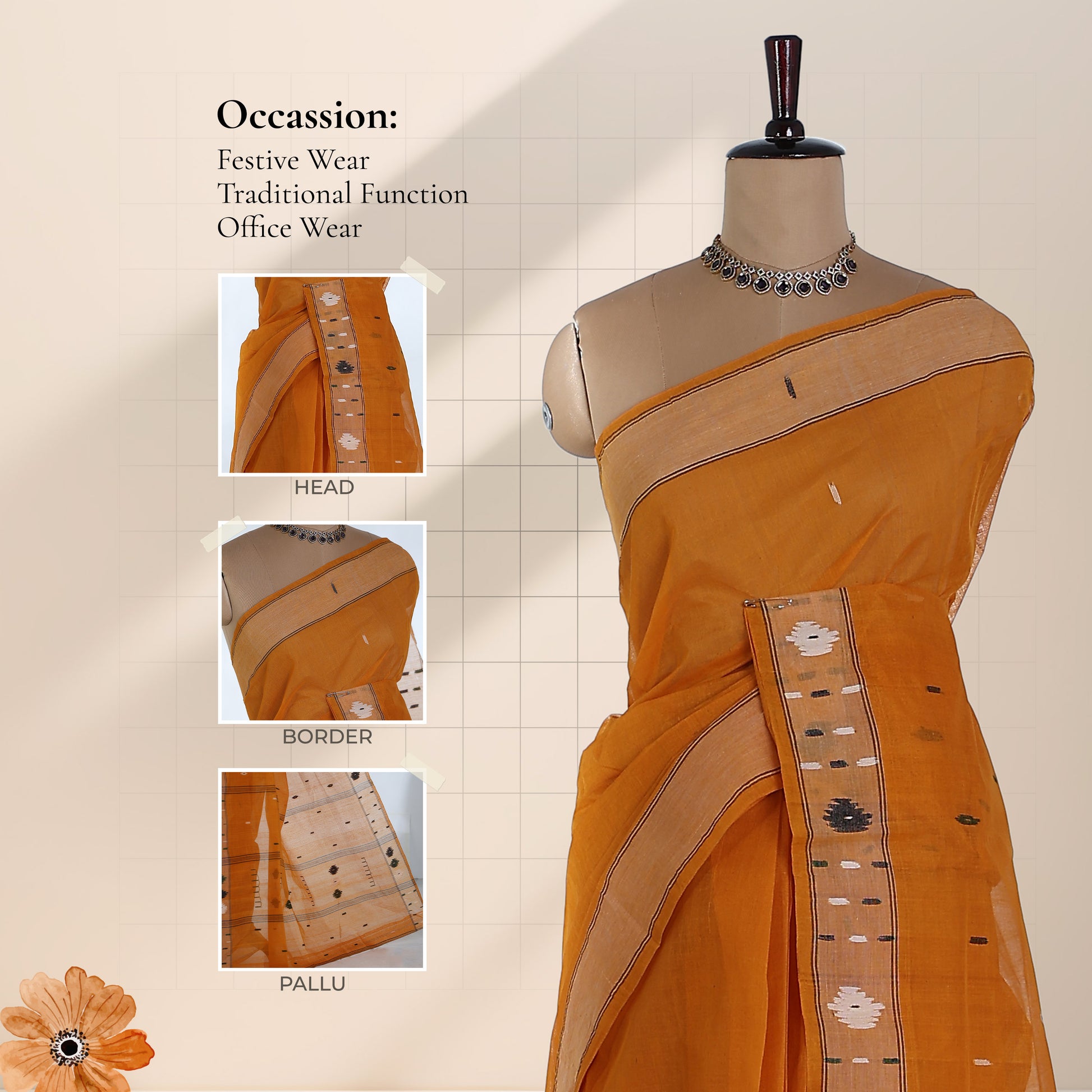 Bengal Cotton Saree With Woven Buti Motifs And Contrast Border In Orange Draped On Mannequin -  Front View