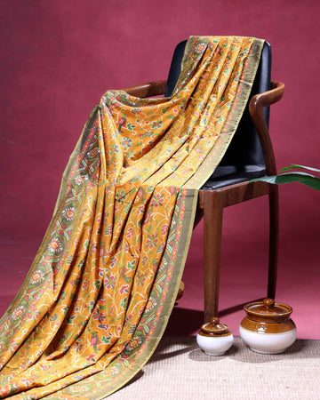 Elegant Patola Semi Silk Saree with Floral Inspired Patterns and an Intricate Border - Yellow