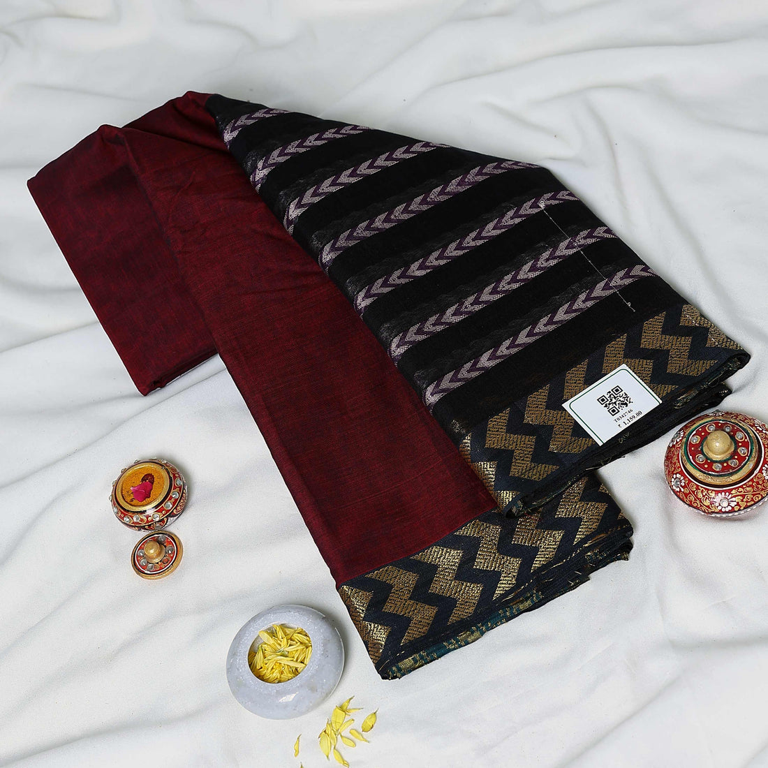 Dark Maroon Mangalagiri Cotton Saree with Gold Chevron Pattern Pallu & Traditional Zigzag Border - Full View