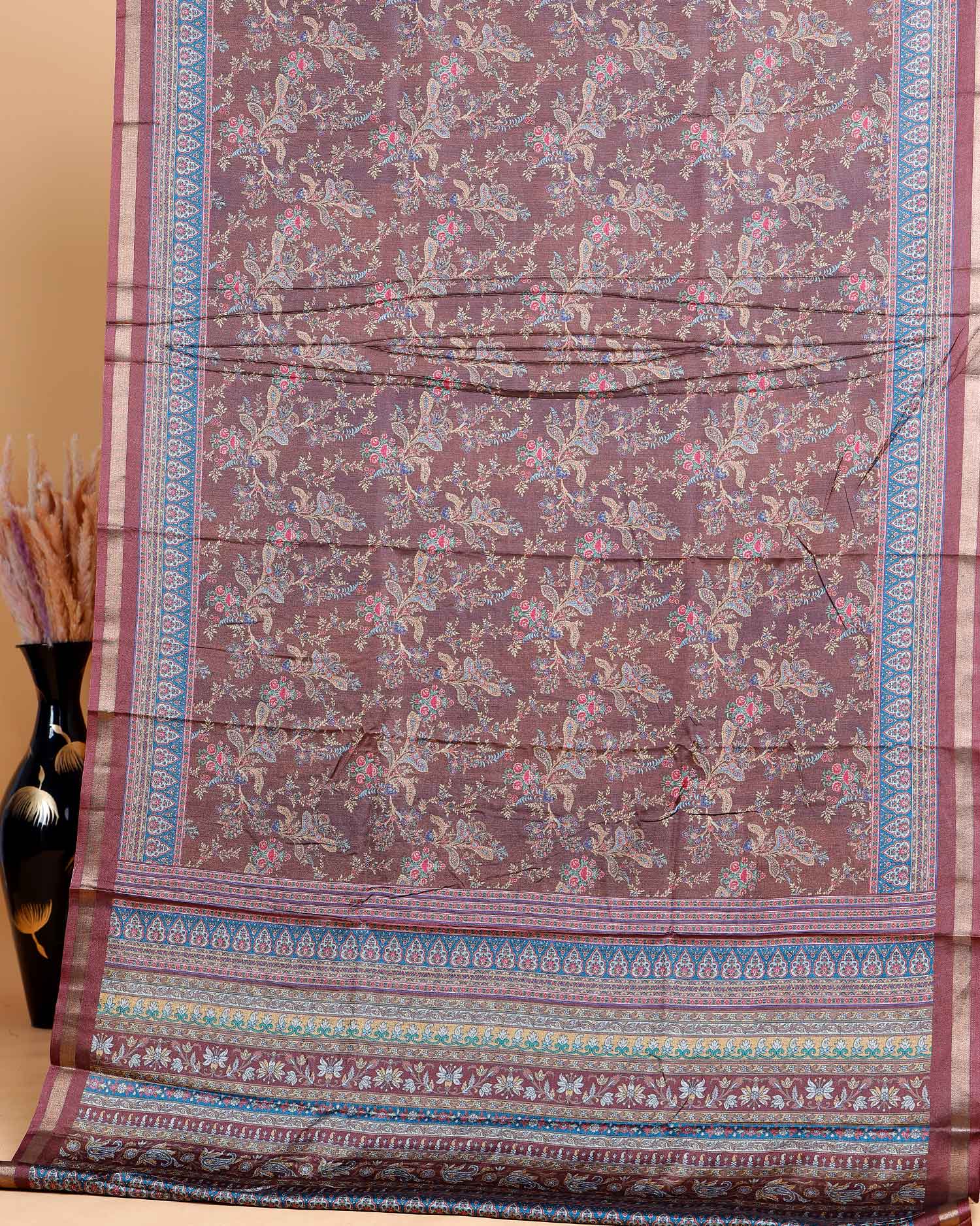 Brown Art Silk Saree with Intricate Floral and Geometric Weave Pattern