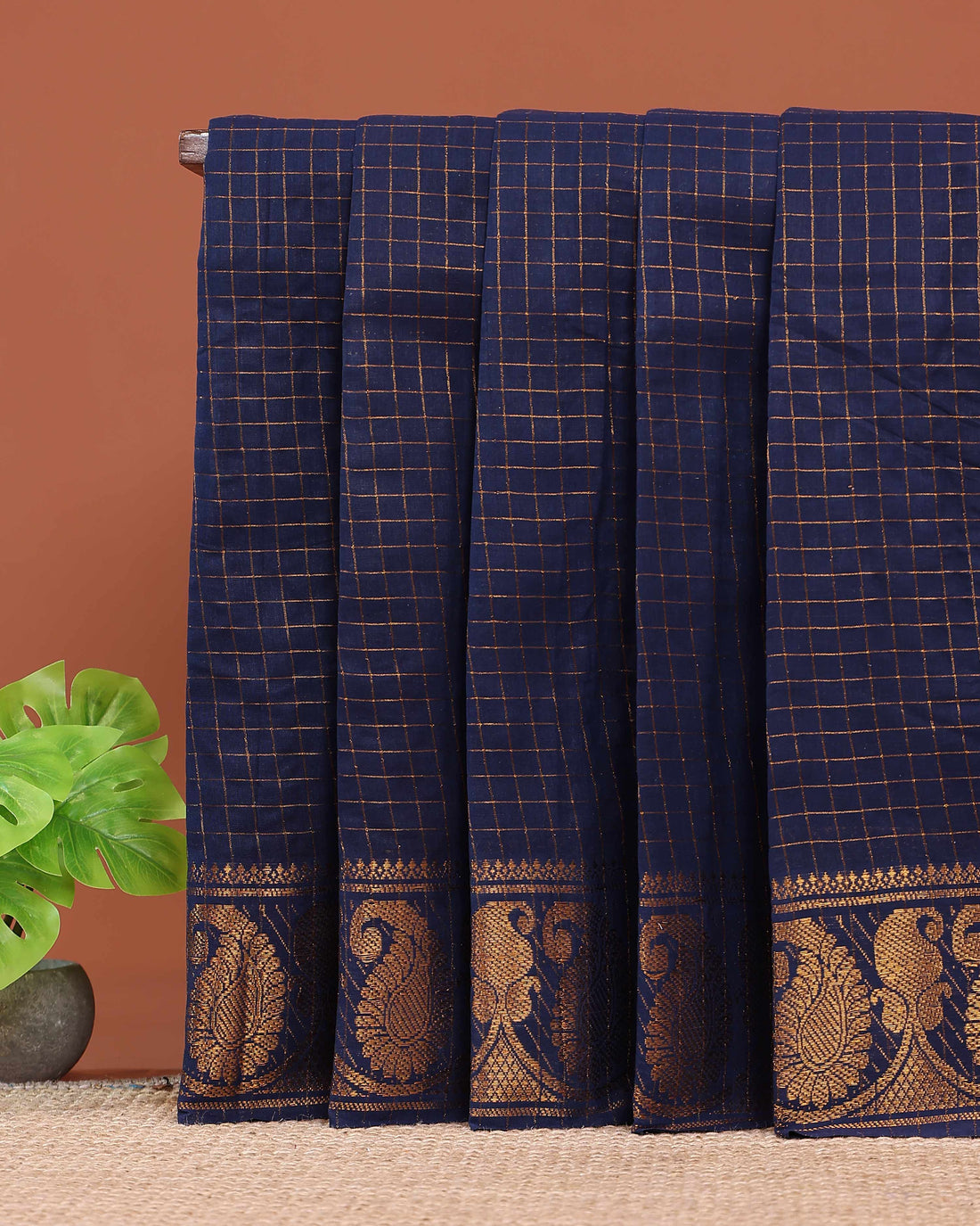 Traditional Sungudi Cotton Saree with Classic Checked Weave and Intricate Zari Peacock Border - Navy Blue