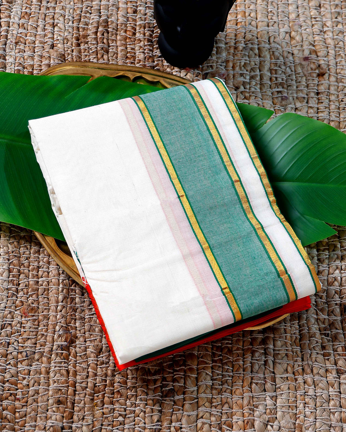 Men’s Cotton Dhoti with Orange Colour Border - White