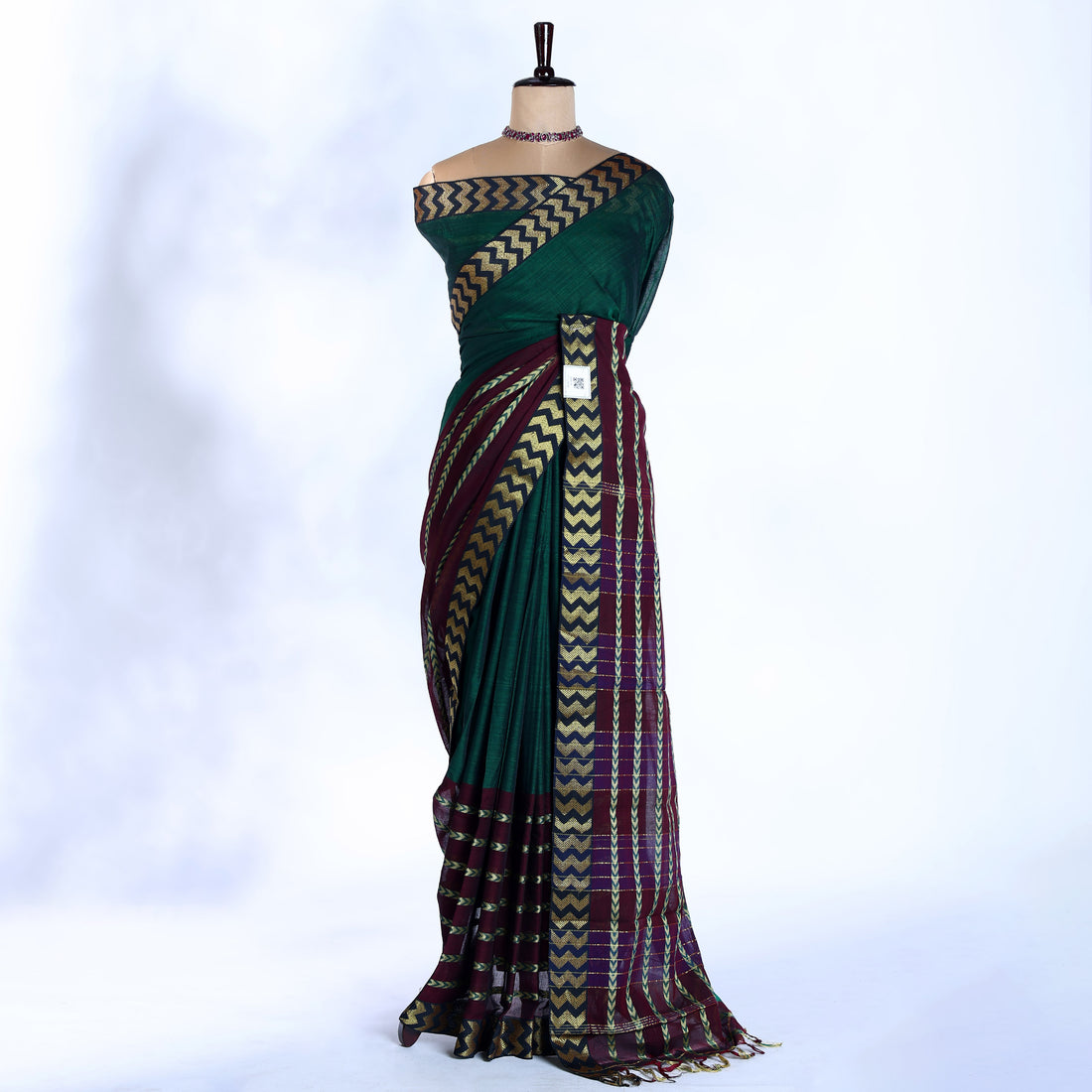 Dark Green Mangalagiri Cotton Saree with Gold Chevron Pattern Pallu & Traditional Zigzag Border - Full View