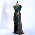 Dark Green Mangalagiri Cotton Saree with Gold Chevron Pattern Pallu & Traditional Zigzag Border - Full View