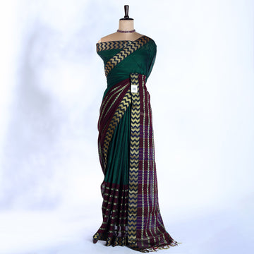Dark Green Mangalagiri Cotton Saree with Gold Chevron Pattern Pallu & Traditional Zigzag Border - Full View