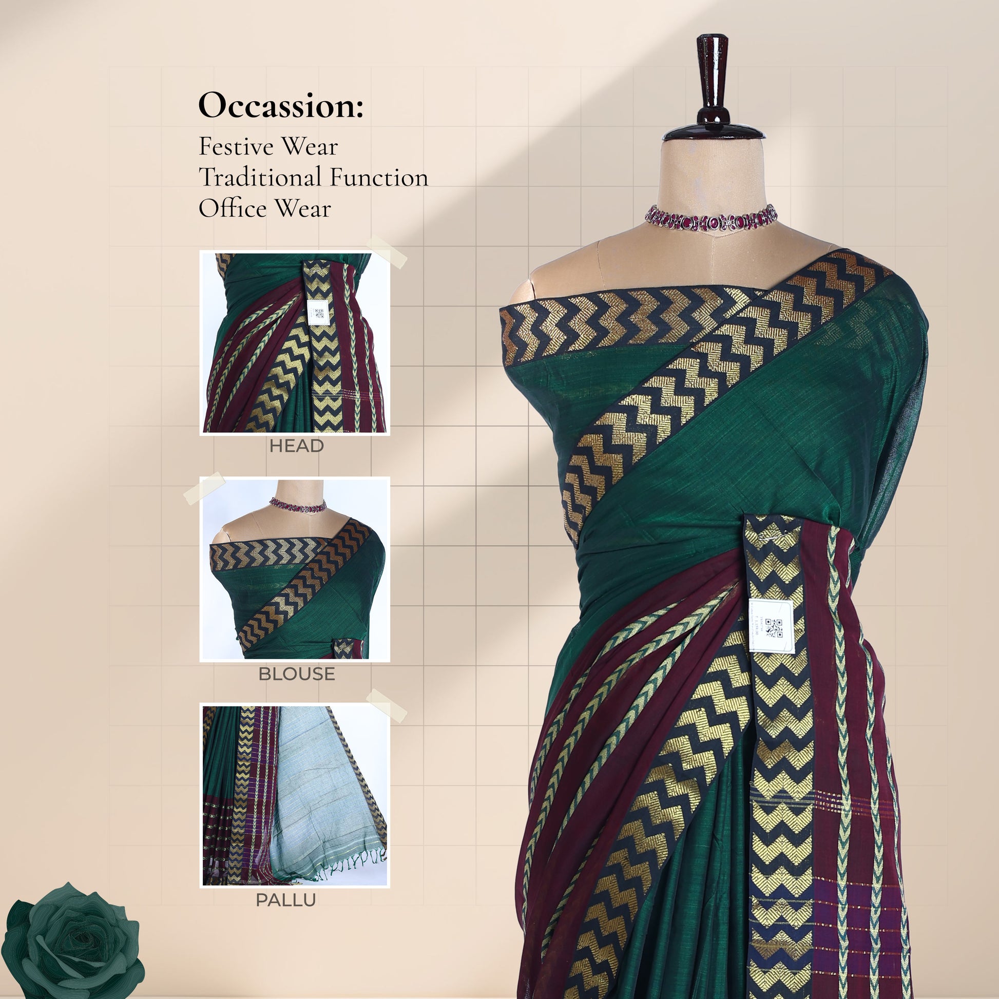 Dark Green Mangalagiri Cotton Saree With A Black Border Gold Zari Chevron Patterns And A Matching Woven Pallu