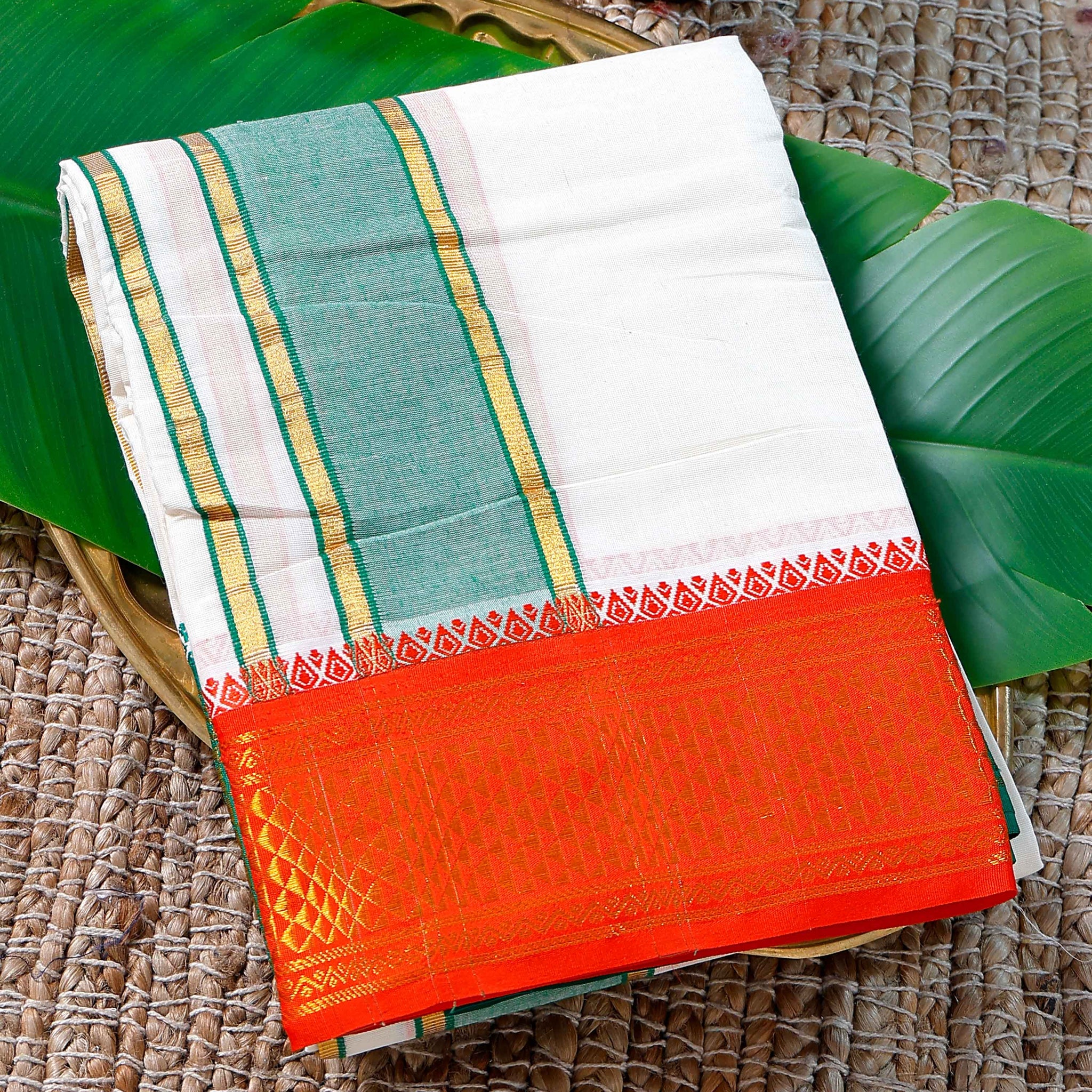 Men’s Cotton Dhoti with Orange Colour Border - White