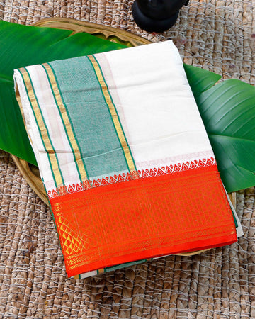 Men’s Cotton Dhoti with Orange Colour Border - White